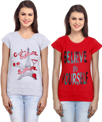 IndiWeaves Casual Short Sleeve Printed Women's Grey, Red Top(Size: XL)