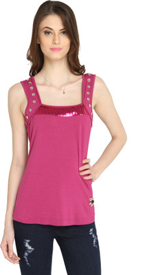 Bedazzle Casual Sleeveless Embellished Women Pink Top