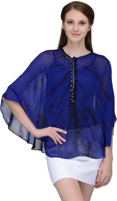 BITTERLIME Casual Cape Sleeve Embellished Women Blue Top