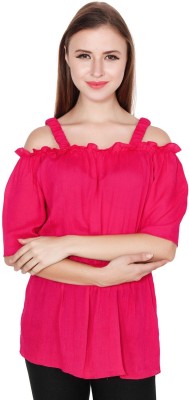 TEEMOODS Casual Shoulder Strap Solid Women Pink Top