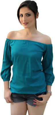 CRAZEVILLA Casual 3/4 Sleeve, Puff Sleeve Solid Women Blue Top