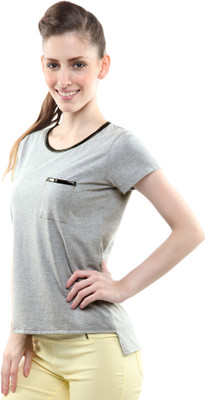 Miss Chase Casual Short Sleeve Solid Women Grey Top