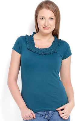 

Espresso Casual Short Sleeve Solid Women's Blue Top, Petrol