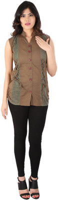 

Dovekie Casual Sleeveless Self Design Women's Brown Top