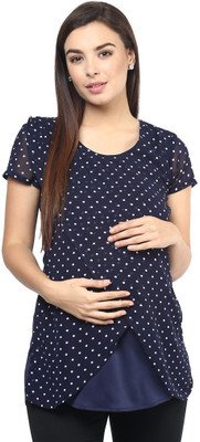 Mine4Nine Casual Regular Sleeve Polka Print Women Blue Top