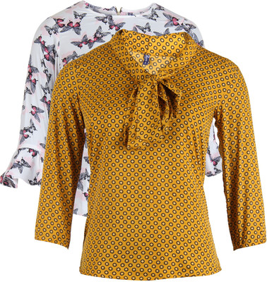 Vvoguish Casual 3/4th Sleeve Polka Print Women's Yellow, White Top