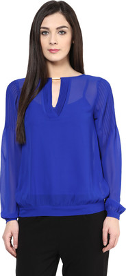 rare Party Full Sleeve Solid Women Blue Top