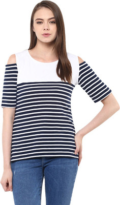 Miss Chase Casual Cold Shoulder Striped Women Dark Blue, White Top