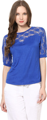 HARPA Casual 3/4 Sleeve Solid Women Blue Top