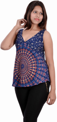 

Indi Bargain Casual Sleeveless Printed Women's Blue Top
