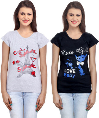 

IndiWeaves Casual Short Sleeve Printed Women's Grey, Black Top(Size: L), Black;grey
