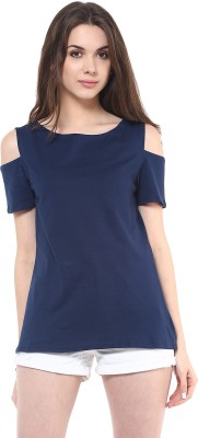 PANNKH Casual Short Sleeve Solid Women Blue Top