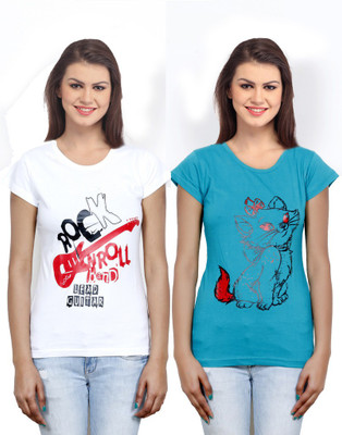 

IndiWeaves Casual Short Sleeve Printed Women's White, Blue Top(Size: L), Blue;white
