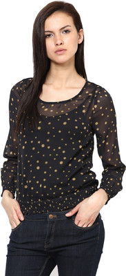 HARPA Casual Full Sleeve Printed Women Black Top