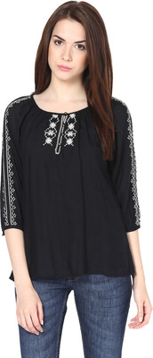 HARPA Casual 3/4 Sleeve Printed Women Black Top