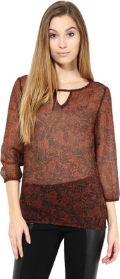 The Gudlook Casual 3/4 Sleeve Paisley Women Brown, Black Top
