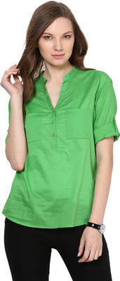 HARPA Casual Roll-up Sleeve Solid Women Green Top
