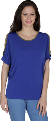MAYRA Party Short Sleeve Solid Women Blue Top