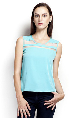 Popnetic Casual Sleeveless Solid Women Blue Top