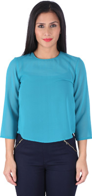 Ashtag Casual 3/4 Sleeve Solid Women Blue Top