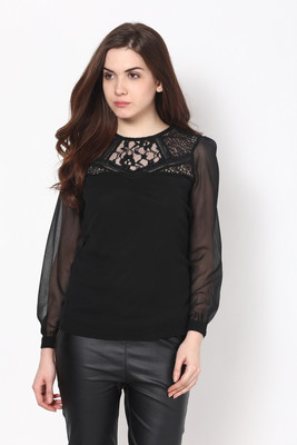 HARPA Casual Full Sleeve Solid Women Black Top