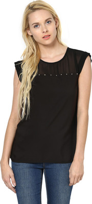 HARPA Casual Short Sleeve Solid Women Black Top