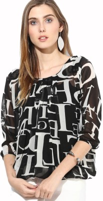 MAYRA Party 3/4 Sleeve Printed Women Black Top