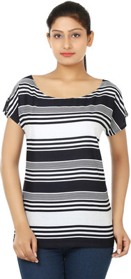 UrSense Casual Short Sleeve Striped Women White, Black Top