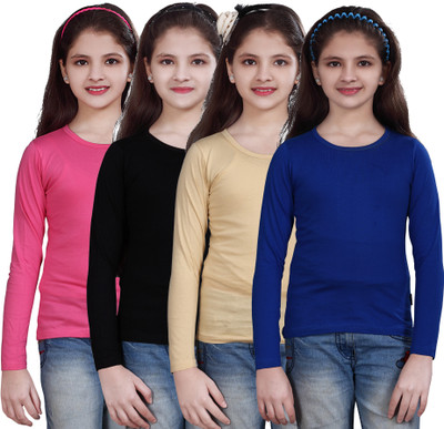 SINI MINI Girls Casual Cotton Blend Top(Multicolor, Pack of 4)