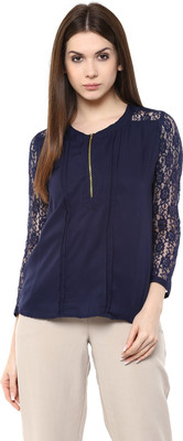 MAYRA Casual 3/4 Sleeve Lace Women Blue Top