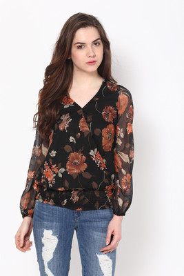 HARPA Casual Full Sleeve Floral Print Women Black Top