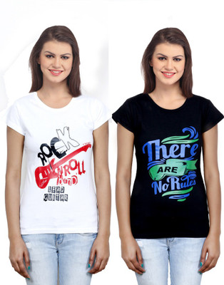 

IndiWeaves Casual Short Sleeve Printed Women's White, Black Top(Size: XL), Black;white