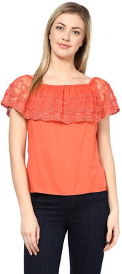 HARPA Casual Short Sleeve Solid Women Orange Top