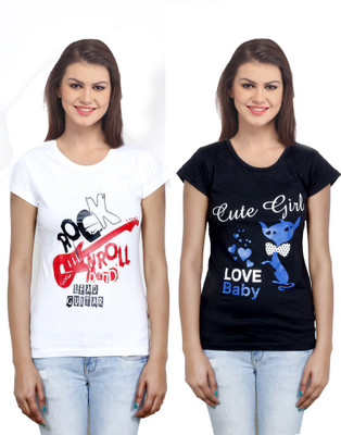 

IndiWeaves Casual Short Sleeve Printed Women's White, Black Top(Size: L), Black;white
