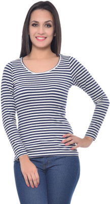 Frenchtrendz Casual Full Sleeve Striped Women White, Blue Top