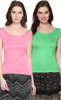

Trend18 Casual Short Sleeve Solid Women's Green, Pink Top