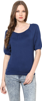 HARPA Casual Short Sleeve Solid Women Blue Top