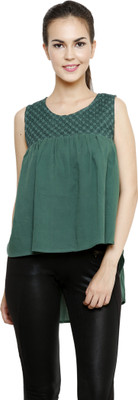 

I Am For You Casual Sleeveless Self Design Women's Dark Green Top