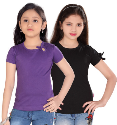 

Sini Mini Girls Casual Cotton Top(Black, Pack of 2, Purple & black