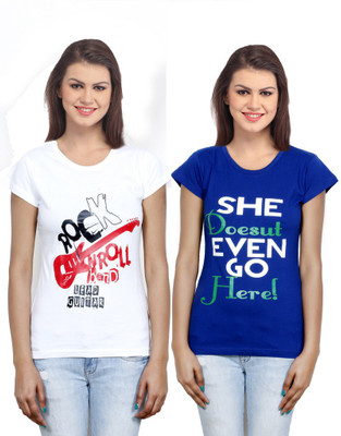 

IndiWeaves Casual Short Sleeve Printed Women's White, Blue Top(Size: L), Blue;white