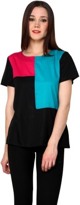 PANNKH Casual Short Sleeve Color Block, Solid Women Pink Top