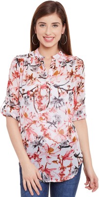 PURYS Casual Roll-up Sleeve Floral Print Women White Top