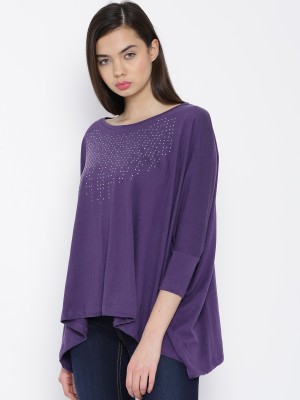 Sera Casual 3/4 Sleeve Embellished Women Purple Top