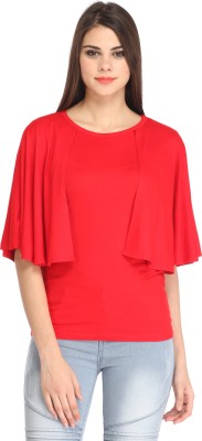 Cation Casual Cape Sleeve Solid Women Red Top