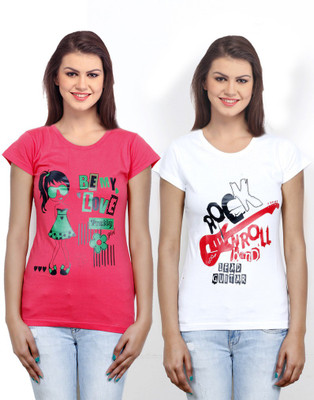 

IndiWeaves Casual Short Sleeve Printed Women's Pink, White Top(Size: L)