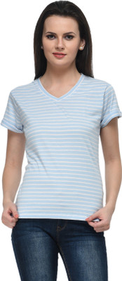 Frenchtrendz Casual Cap Sleeve Striped Women Light Blue Top