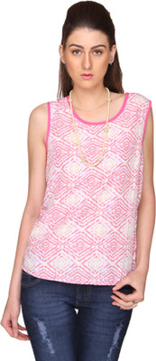 Bedazzle Casual No Sleeve Geometric Print Women White, Pink Top