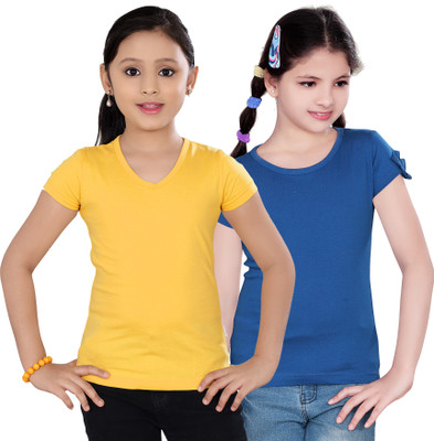 

Sini Mini Girls Casual Cotton Top(Dark Blue, Pack of 2, Yellow & dark blue