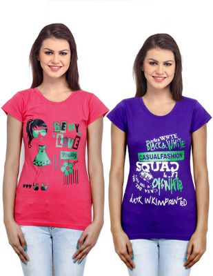 

IndiWeaves Casual Short Sleeve Printed Women's Pink, Purple Top(Size: L)