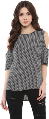 HARPA Casual Short Sleeve Geometric Print Women Black Top